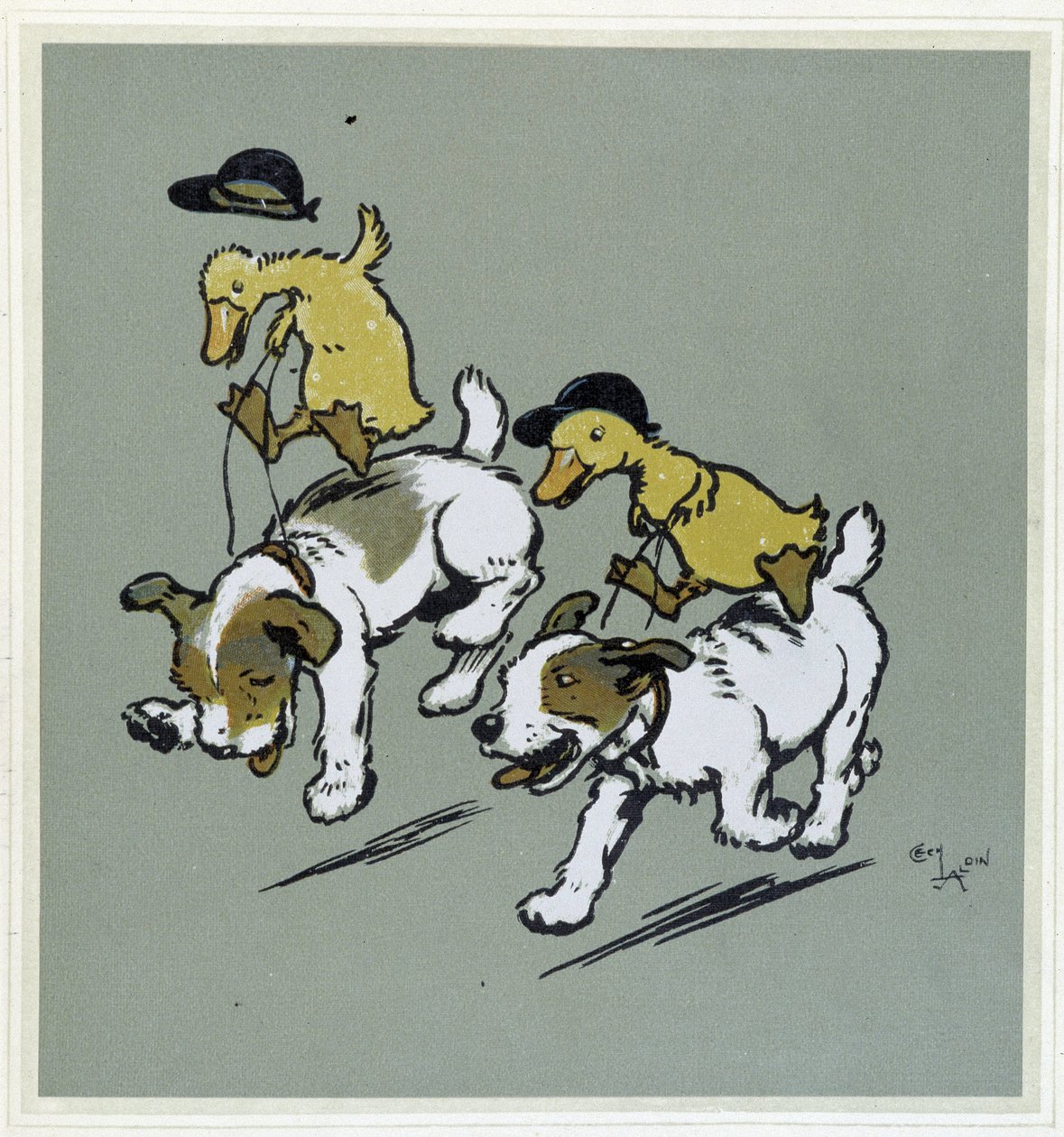 Kaczka kręcąca „jazdę konną”” na psach – w „Wesołe przyjęcie”, ch. Cécil Aldin, wyd. Hodder & Stoughton, Londyn autorstwa Cecil Charles Windsor Aldin
