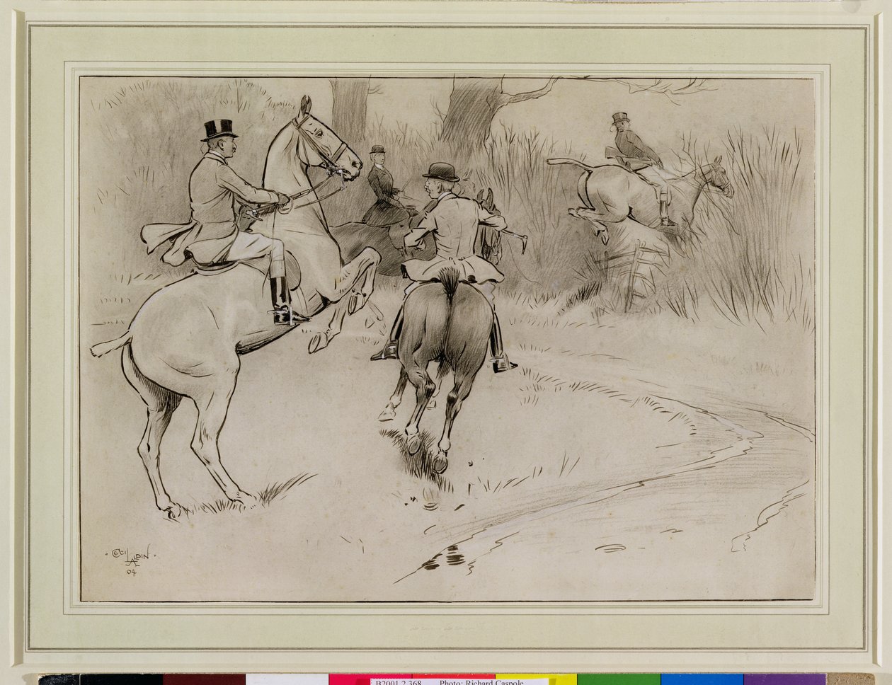 „Hold Back, Sir!”, 1904 (węgiel, pióro i atrament z białym na papierze) autorstwa Cecil Charles Windsor Aldin