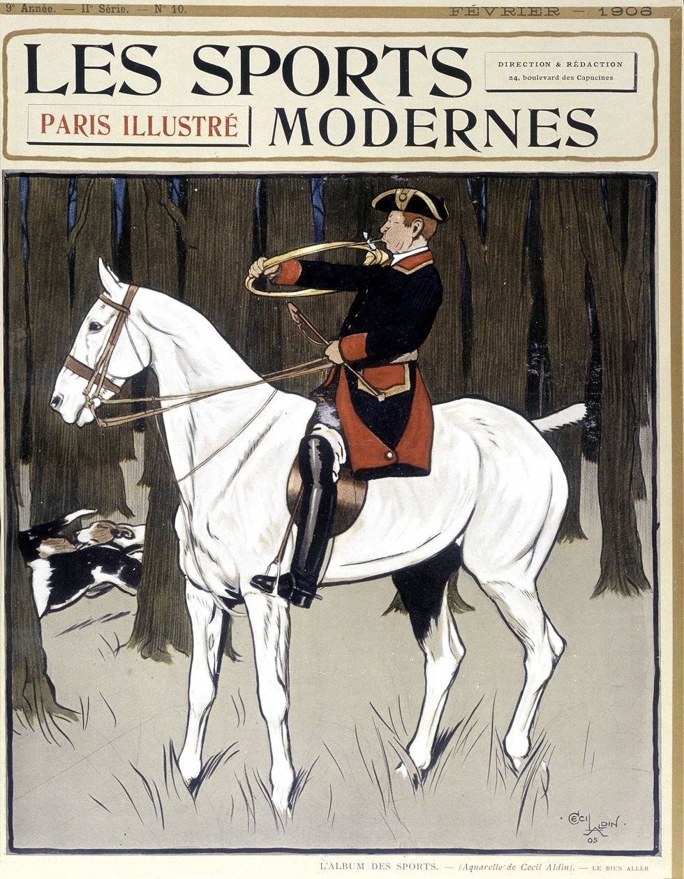 Polowanie (człowiek na koniu zachęcający psy) Okładka „Modern Sports” 02/1906 autorstwa Cecil Charles Windsor Aldin