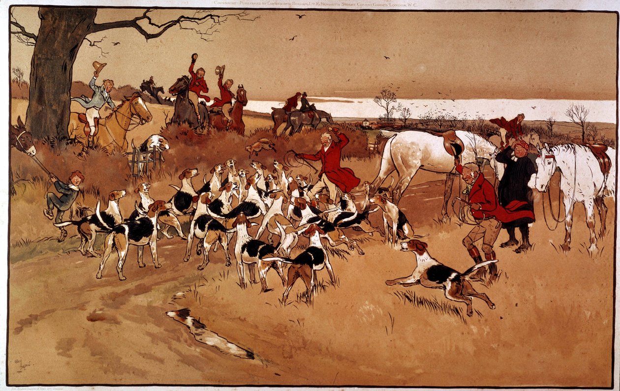 Uciekł scena polowania; strzelanie. Grawerowanie: Cecil Aldin (1870 -?), Anglia. Dz. Część autorstwa Cecil Charles Windsor Aldin
