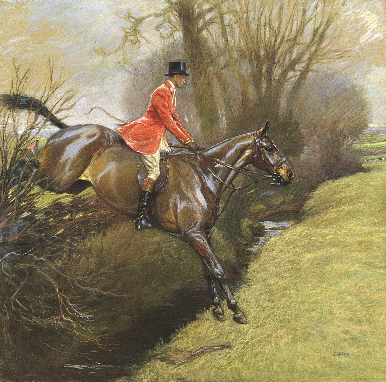 Ppłk Ted Lyon skaczący z żywopłotu (pastel na papierze) autorstwa Cecil Charles Windsor Aldin