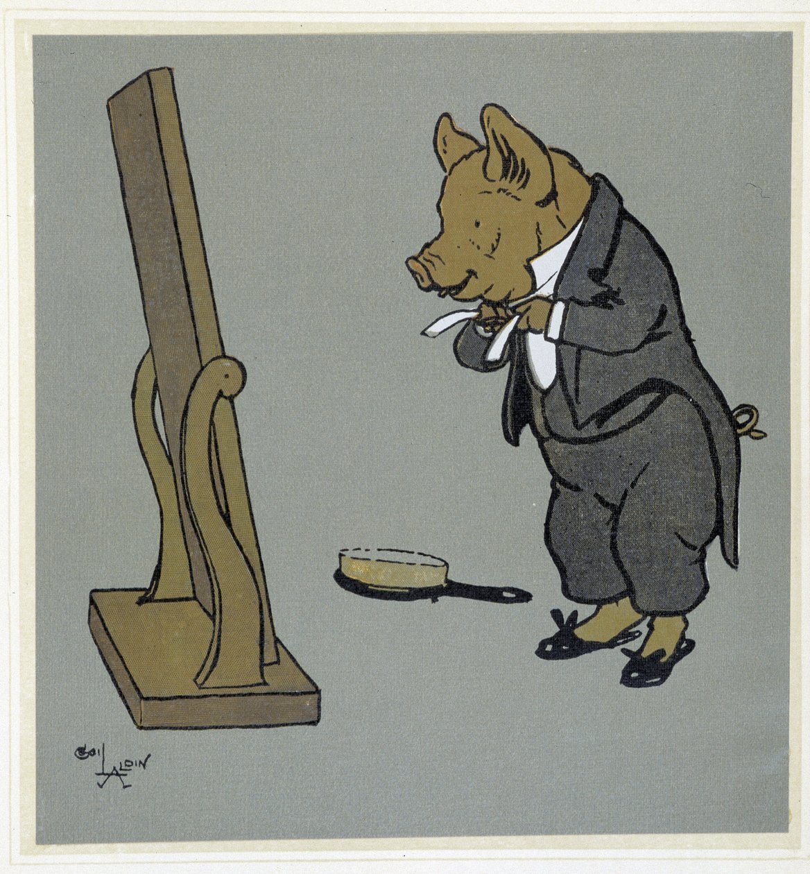 Świnia sam się czesuje, poprawia węzeł krawata przed lustrem - w „Wesołych przyjęciach”, ch. Cecil Aldin, wyd. Hodder & Stoughton, Londyn autorstwa Cecil Charles Windsor Aldin
