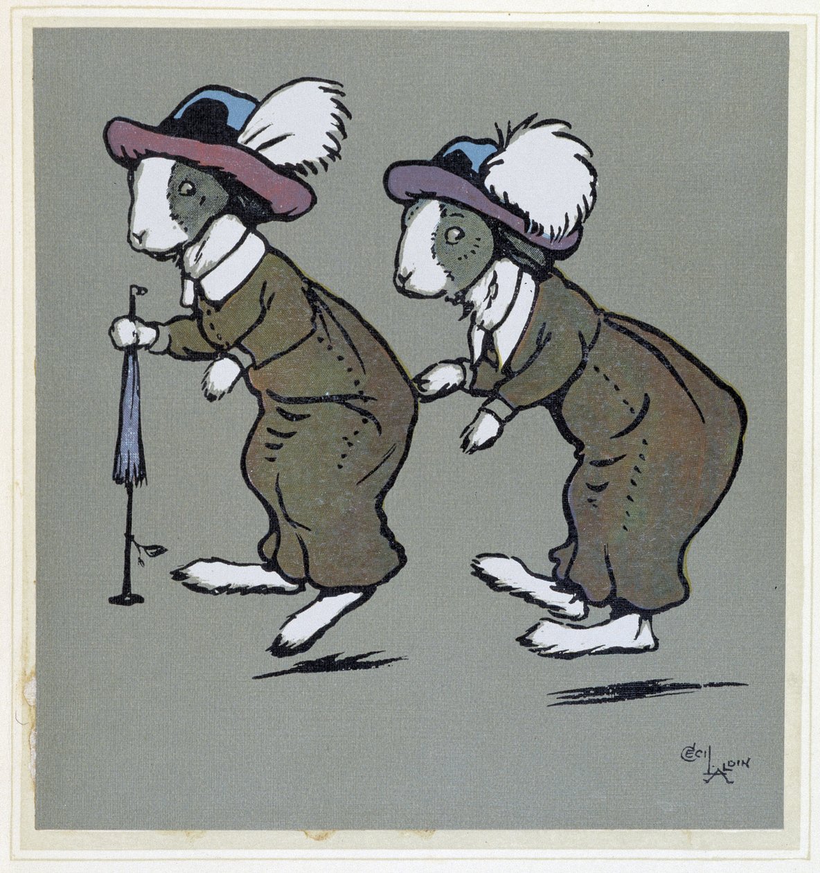 Króliki w czapkach - w „Wesołych przyjęciach”, il. Cécil Aldin, wyd. Hodder & Stoughton, Londyn autorstwa Cecil Charles Windsor Aldin