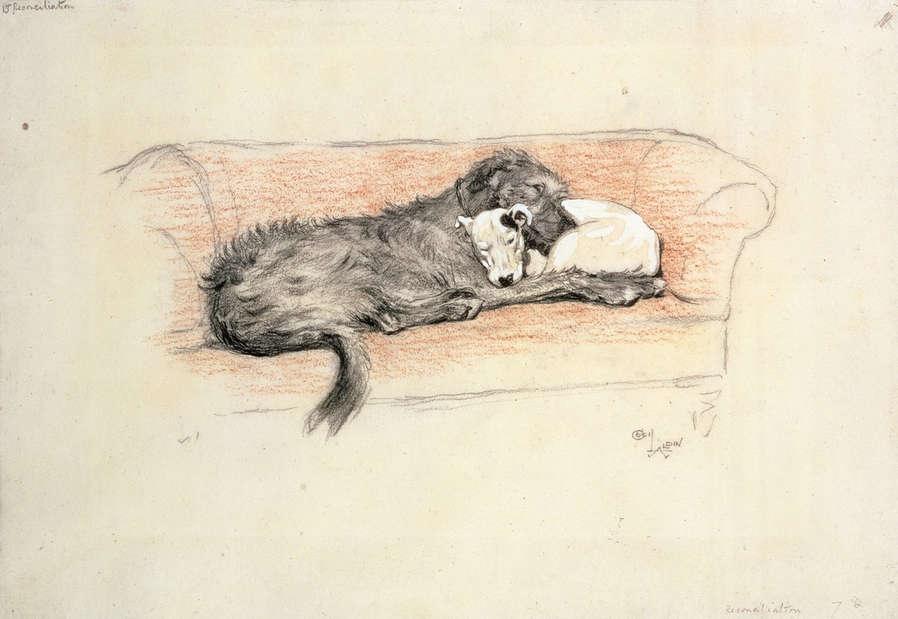 Pojednanie; Wilczarz i Bull Terrier śpią na kanapie (pastel na papierze) autorstwa Cecil Charles Windsor Aldin