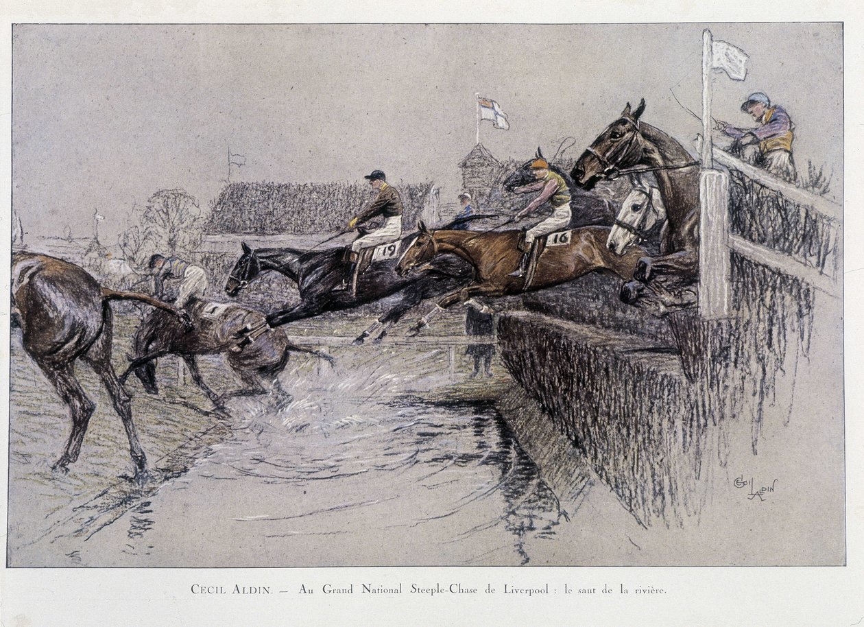 Grand National Steeplechase w Liverpoolu: The Jumping of the River – rysunek Cecila aldin autorstwa Cecil Charles Windsor Aldin