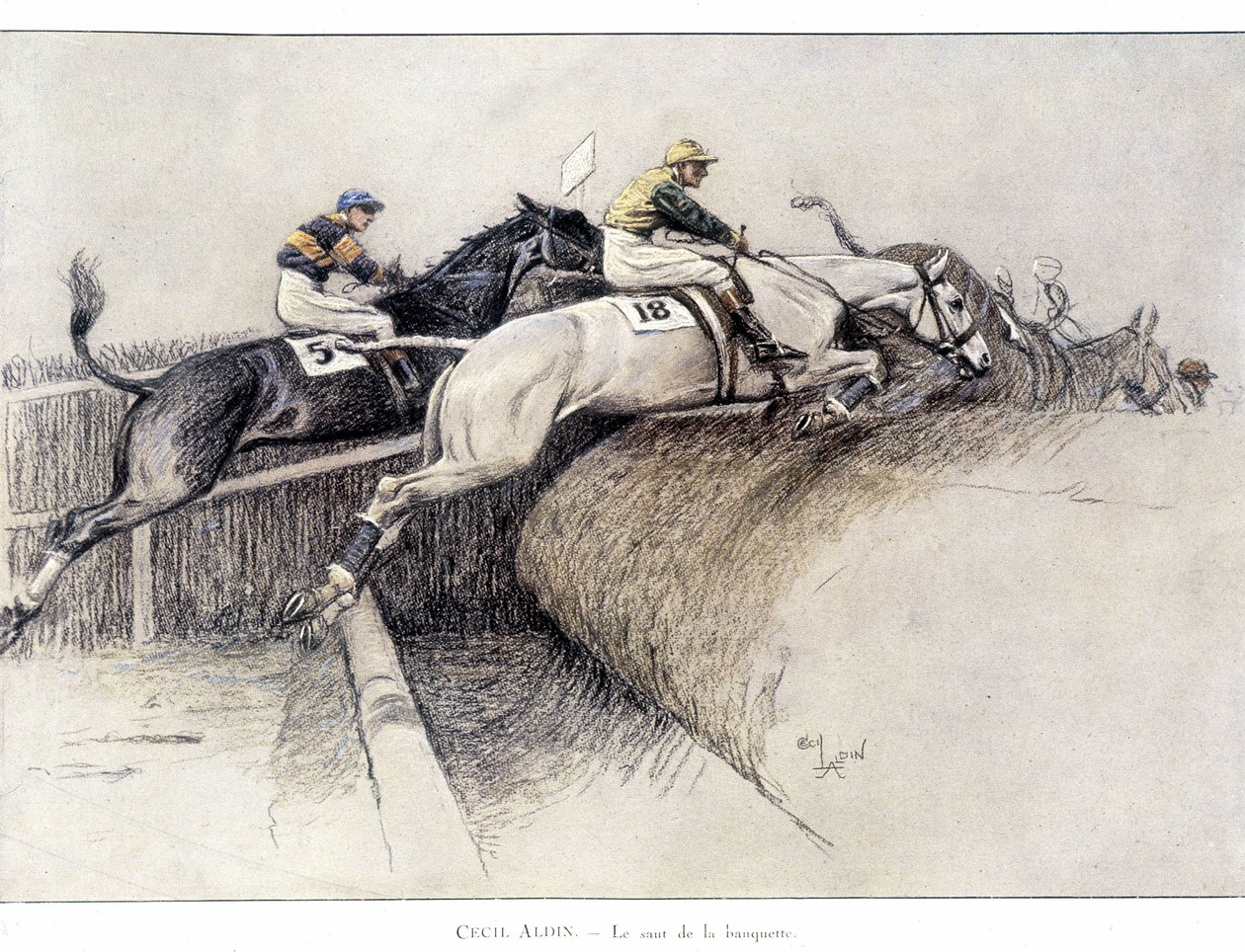 Grand National Steeplechase w Liverpoolu: skok z ławki – rysunek Cecila aldin autorstwa Cecil Charles Windsor Aldin