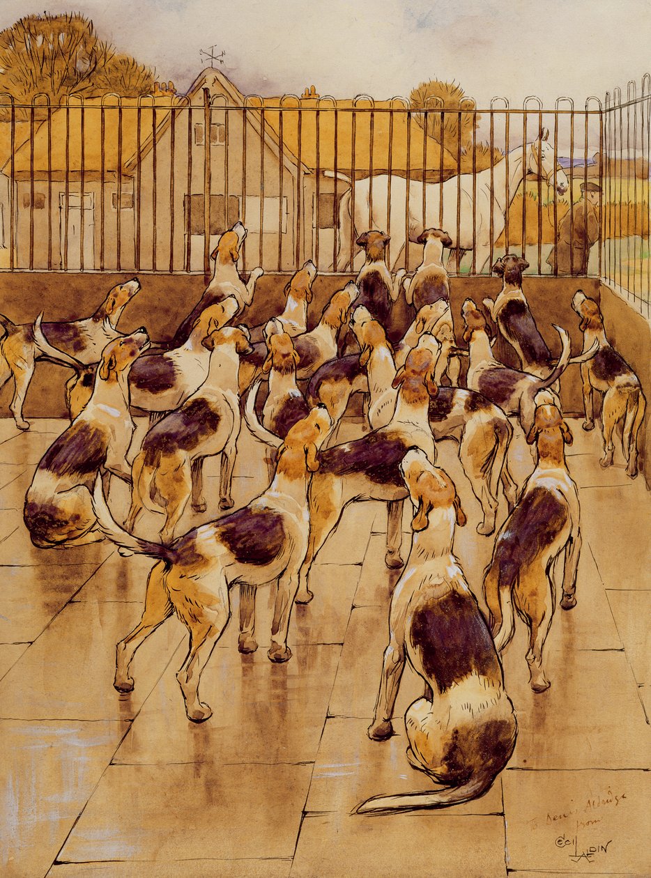 Ogary zaczęły nagle wyć w chórze (grafit, długopis i atrament i toaleta na papierze) autorstwa Cecil Charles Windsor Aldin