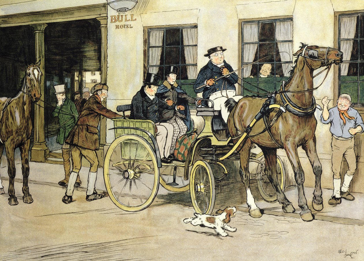 Pickwicki wyruszają z hotelu Bull w Rochester. autorstwa Cecil Charles Windsor Aldin