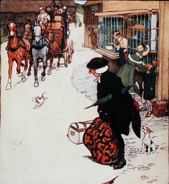 „Klakson, który zabrzmiał przy wejściu do wioski, wywołuje ogólny ruch”, ilustracja z „Old Christmas” Washingtona Irvinga (1783-1859) opublikowanej przez Hodder and Stoughton autorstwa Cecil Charles Windsor Aldin