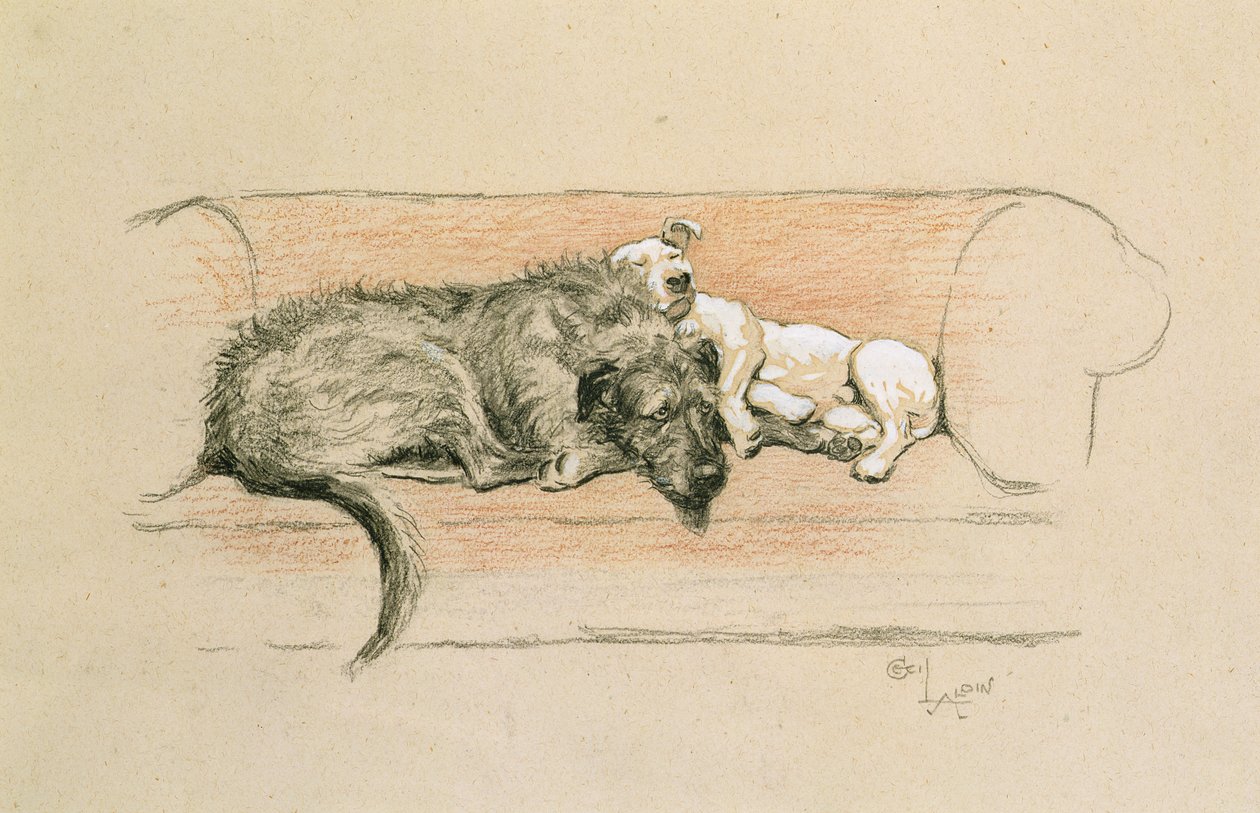 Wilczarz i Bull Terrier śpią na kanapie (pastel na papierze) autorstwa Cecil Charles Windsor Aldin