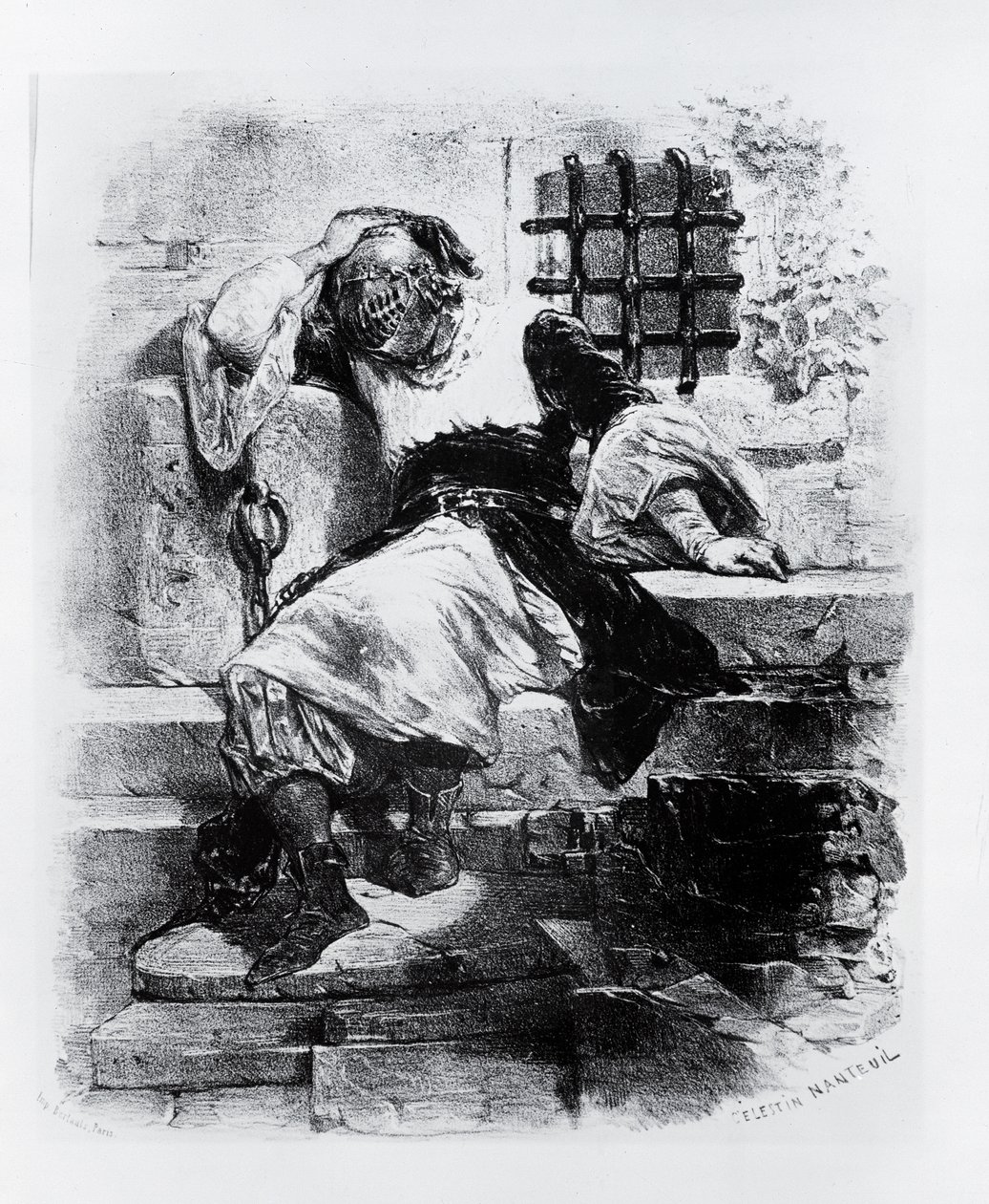 Człowiek w żelaznej masce w więzieniu, ilustracja do opery Adriena Boieldieu i E. Barateau autorstwa Celestin Francois Nanteuil