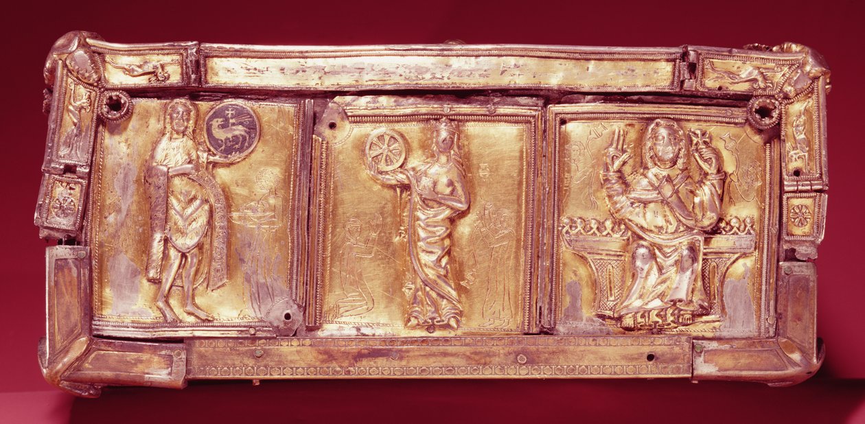 Panel boczny księgi Domnach Airgid, Clones, County Monaghan, VIII wiek, przebudowany ok. 1350 (cis pokryty brązem pokrytym cyną i pozłacanymi srebrem) autorstwa Celtic
