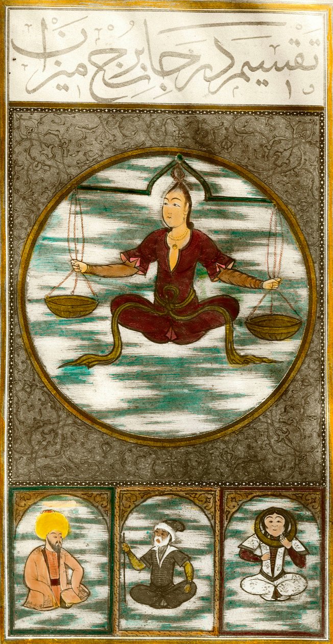 Znak zodiaku: przedstawienie astrologicznego znaku równowagi. Tabliczka zaczerpnięta z rękopisu. Prywatna kolekcja autorstwa Central Asian School