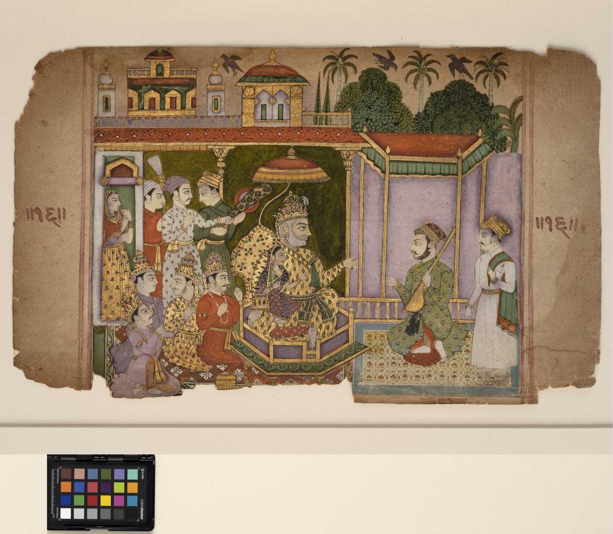 Król i dworzanie słuchają muzyka, ok. 1750 (nieprzezroczysta akwarela i złoto na papierze) autorstwa Central Indian School