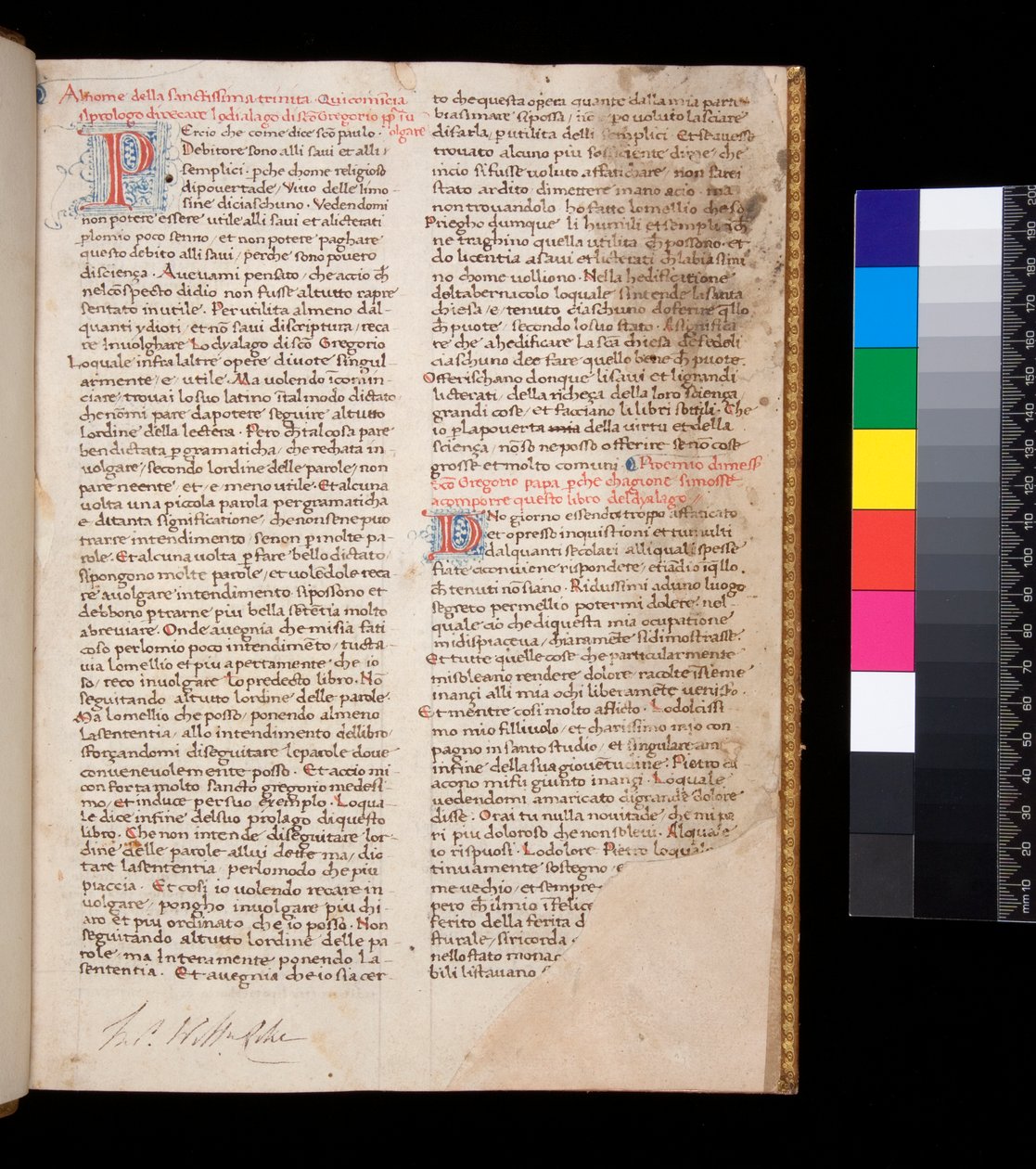 Ms 148. Grzegorz Wielki, Dialogi po włosku przeł. by Domenico Cavalca, f.1r Zdobione litery [P] i [D] w kolorze czerwonym z dekoracją pióro w kolorze niebieskim autorstwa Central Italian School