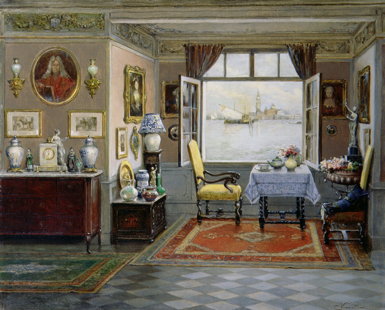 Dom wenecki z widokiem na San Giorgio Maggiore z otwartego okna, ok. 1900 autorstwa Cesare Vianello