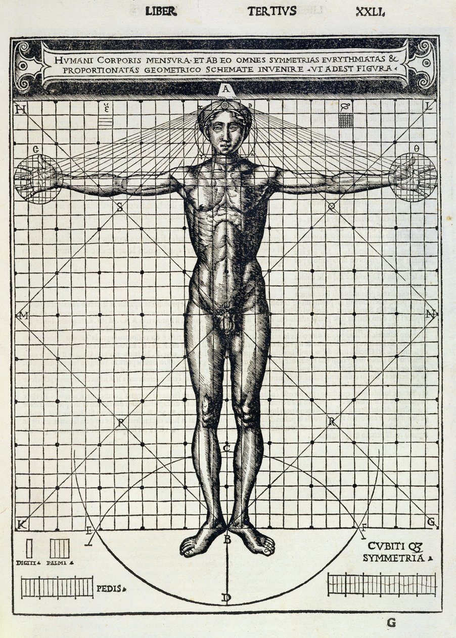 Idealne proporcje oparte na ludzkim ciele, z „Di Lucio Vitruvio Pollione de architectura a libri dece”, autorstwa Gotardo de Ponte Como, 1521 autorstwa Cesare di Lorenzo Cesariano