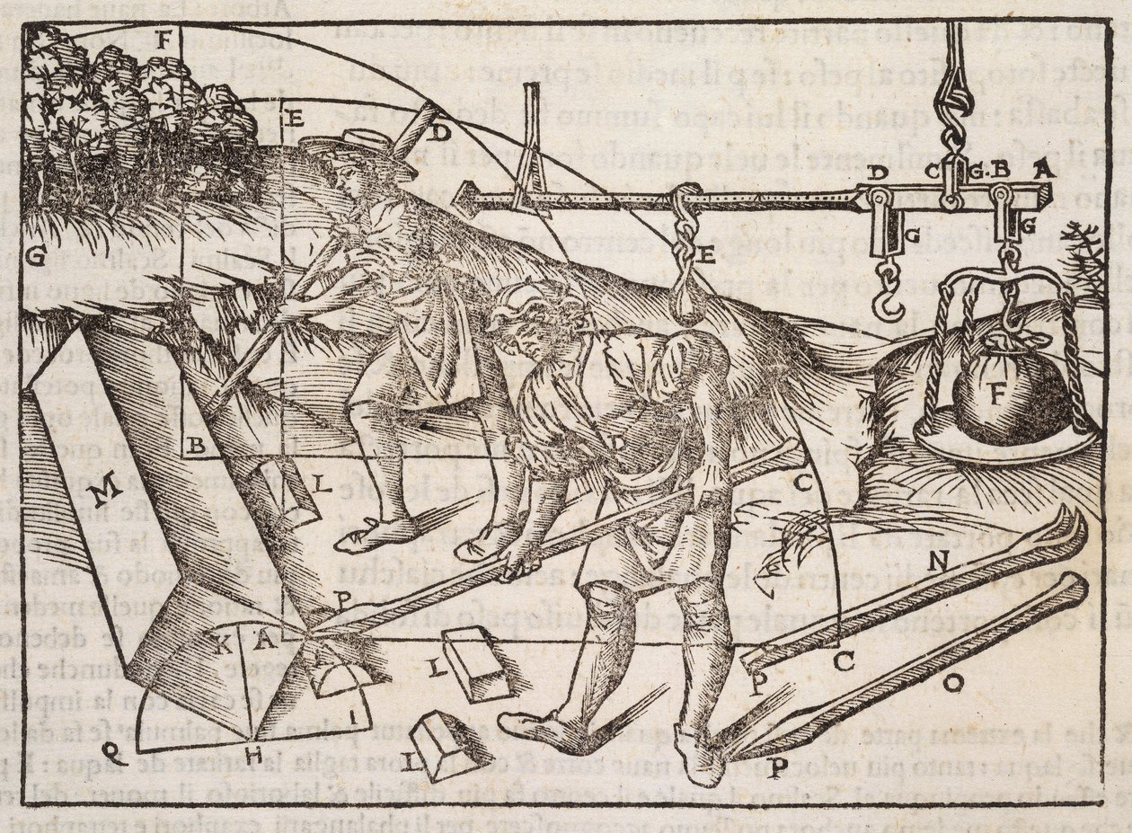 Metody przenoszenia bloków kamiennych, z „Di Lucio Vitruvio Pollione de architectura a libri dece”, Gotardo de Ponte Como, 1521 autorstwa Cesare di Lorenzo Cesariano