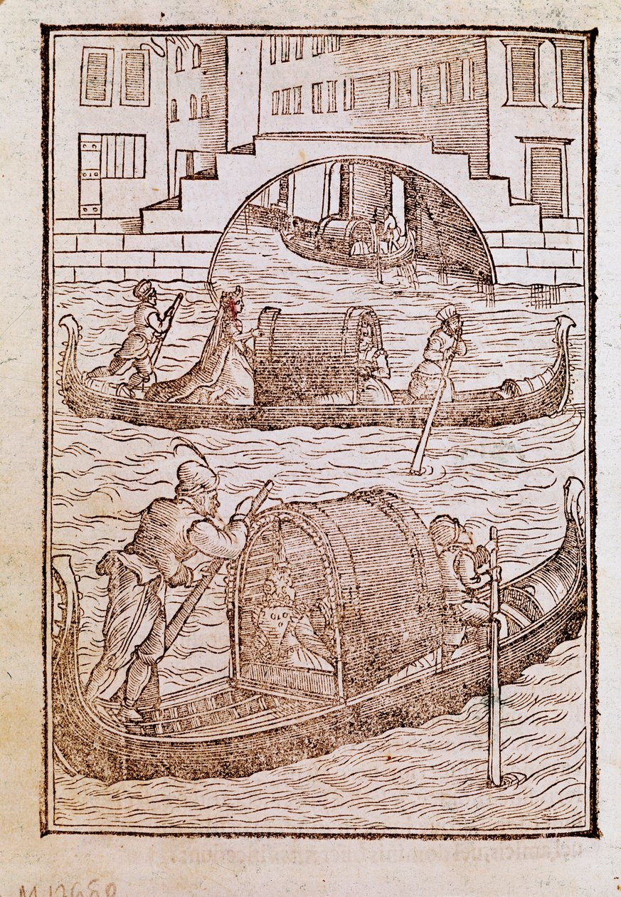 Gondole w lagunie weneckiej w XV w. Rycina z „Ubioru dawnych i współczesnych” Cesare Vecellio (1521-1601) 1590 Wenecja Biblioteca Marciana autorstwa Cesare (after) Vecellio