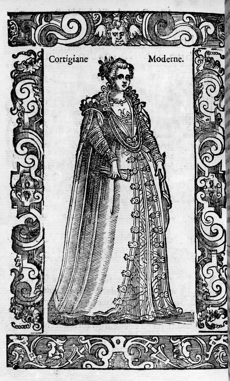 Renesans: rzymska kurtyzana w XVI wieku. Grawer z „”Nowoczesnych i starożytnych kostiumów”” Cesare Vecellio autorstwa Cesare (attr. to) Vecellio