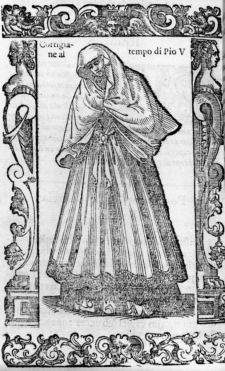 Renesans: kurtyzana w czasach papieża Piusa V (1566-1572). Grawer z „”Nowoczesnych i starożytnych kostiumów”” Cesare Vecellio autorstwa Cesare (attr. to) Vecellio