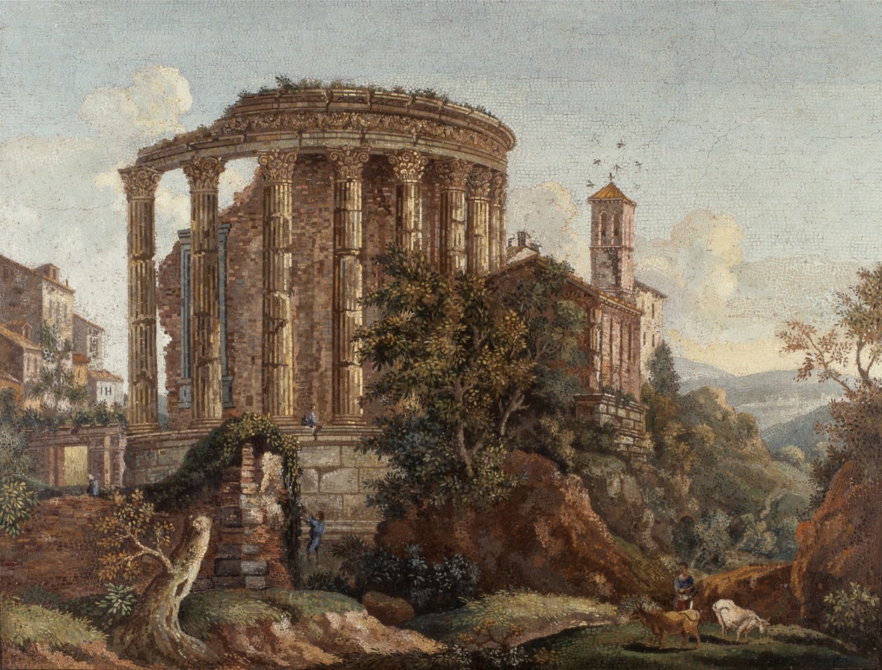 Jedna z par rzymskich mikromozaik "Świątynia Westy", ok. 1774-75 (mozaika) autorstwa Cesare Aguatti