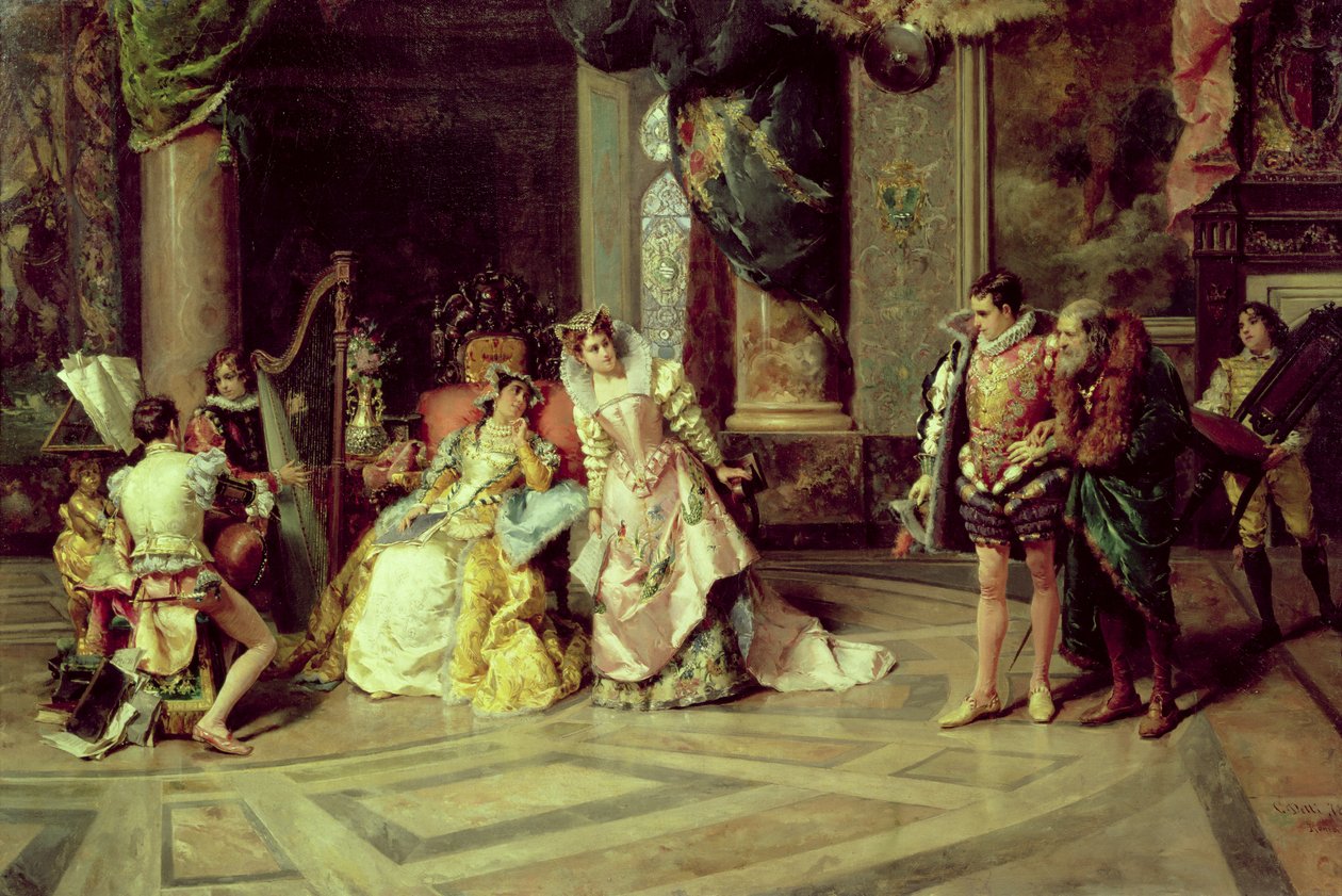 Galileo na dworze Izabeli, 1878 autorstwa Cesare Auguste Detti