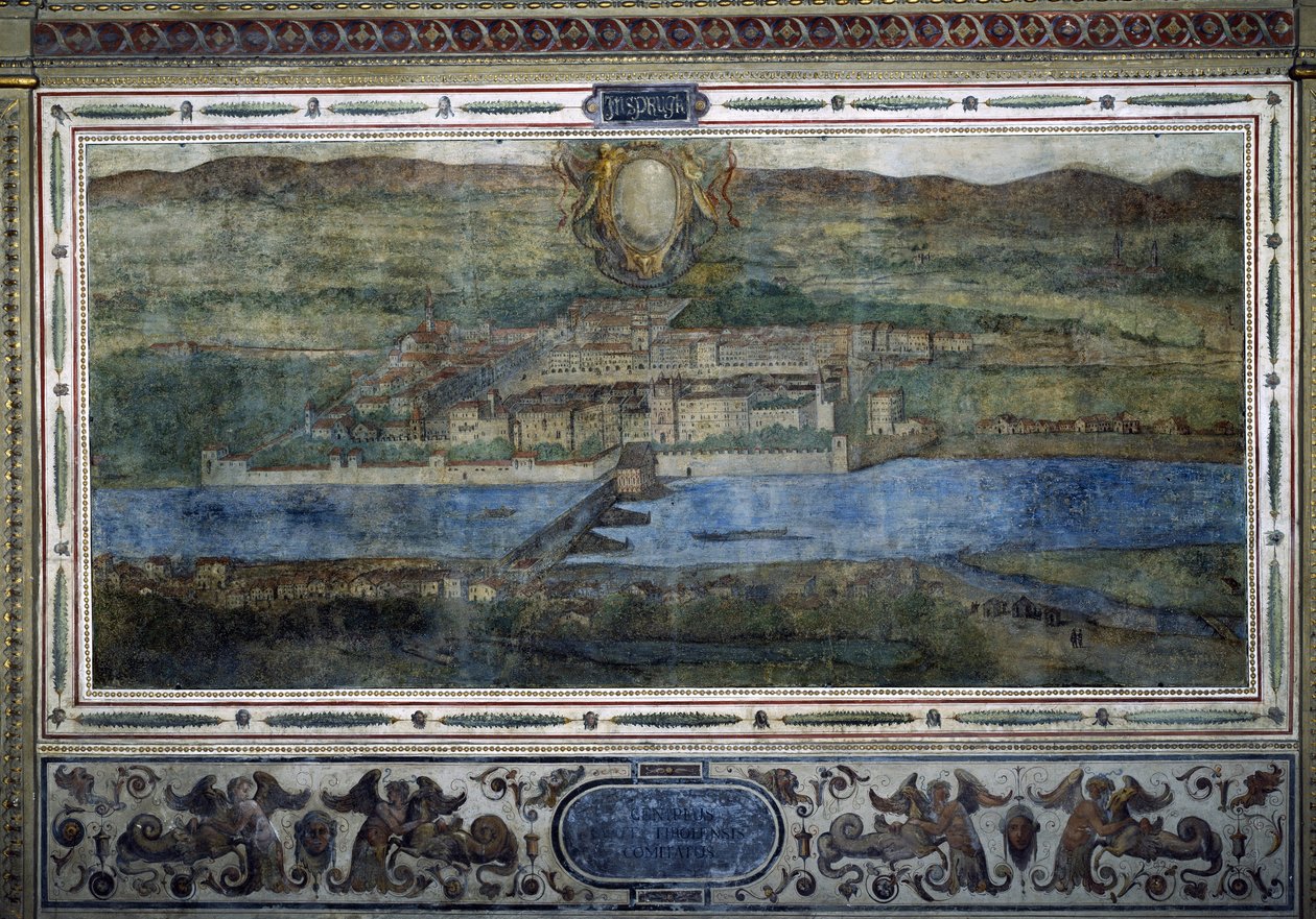 Widok na miasto Innsbruck, Austria. Widok na miasta Imperium Habsburgów. Fresk na dworze Michelozzo w Palazzo Vecchio we Florencji. Malarstwo Sebastiano Veronese, Giovanni Lombardi, Cesare Baglioni i Turino da Piamonte, około 1565 r. Rozmiar autorstwa Cesare Baglioni