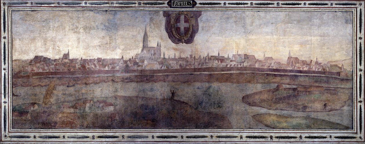 Widok na Wiedeń, Austria. Widok na miasta Imperium Habsburgów. Fresk przedstawiający Dwór Michelozzo w Palazzo Vecchio we Florencji. Malarstwo Sebastiano Veronese, Giovanni Lombardi, Cesare Baglioni i Turino da Piamonte, około 1565 roku. Rozmiar: autorstwa Cesare Baglioni