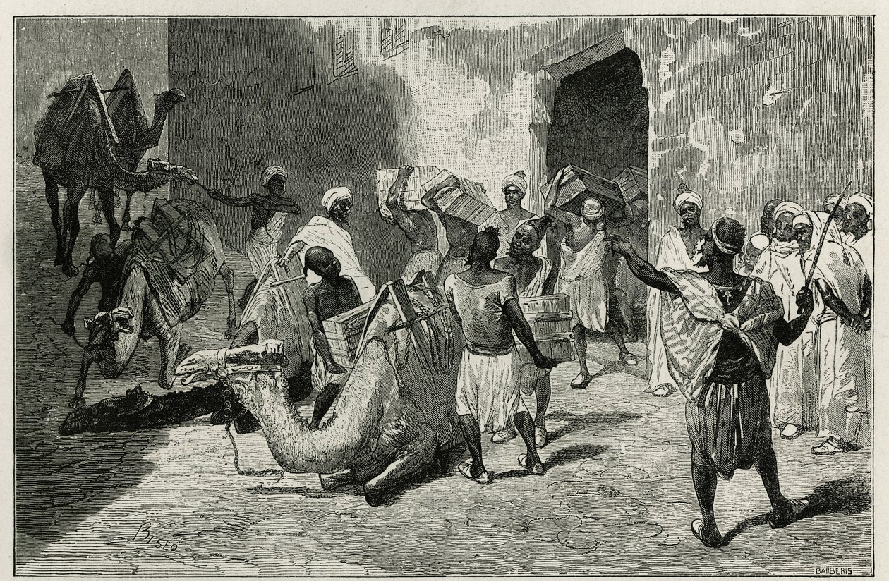 Załadunek wielbłądów z karawany autora opowieści, Atangera, rycina Biseo, ilustrująca opowiadanie Le Maroc Edmondo de Amicis, w 1875 roku, opublikowane w tour du monde, pod kierunkiem Edouarda Chartona autorstwa Cesare Biseo