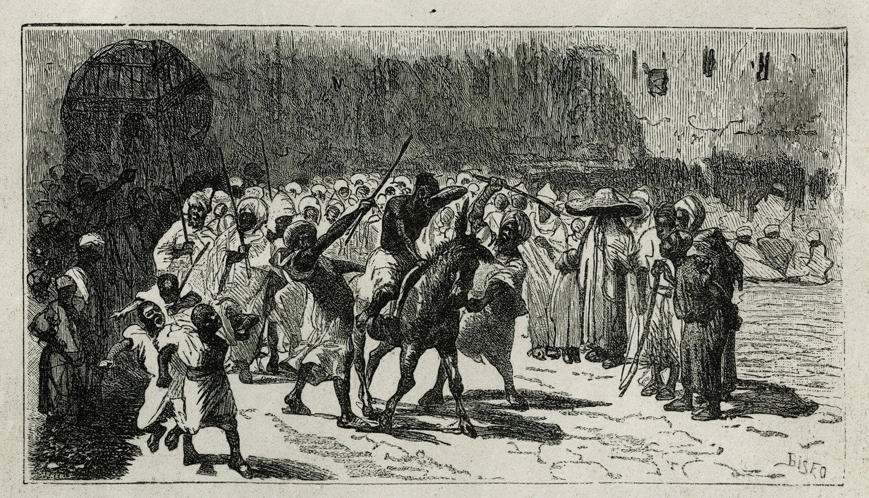 pogawędka złodzieja, wspina się na mule, otrzymuje pałki pod barwami tłumu, rycina C. Biseo, dla zilustrowania opowiadania Le Maroc Edmondo de Amicis, w 1875 roku, opublikowanego w tour du monde, pod reżyseria Edouarda Chartona autorstwa Cesare Biseo