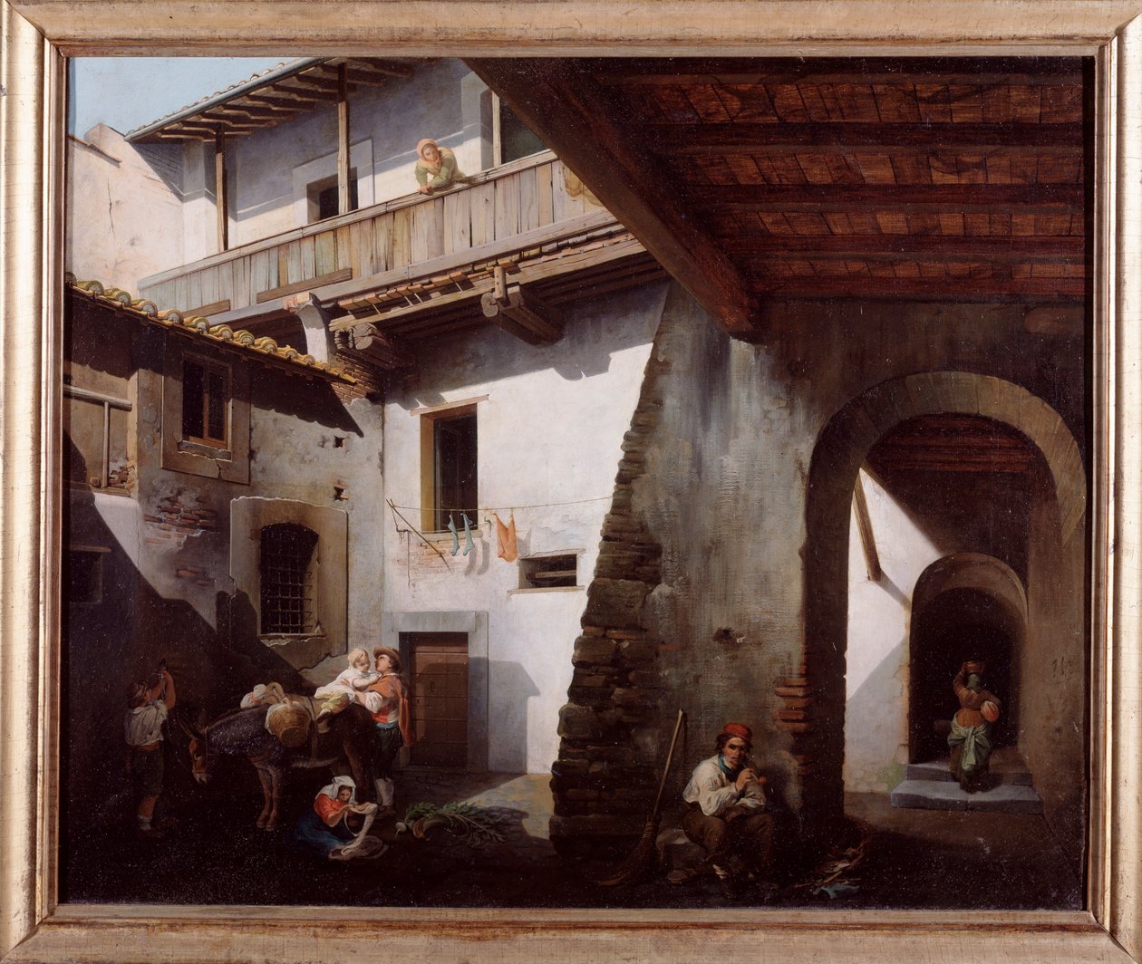 Chłopi na dziedzińcu karczmy (Włoscy chłopi na karczmie) Obraz Cesare Coghetti (czynny w latach 1859-1881) 1863 Dim 70x85 cm Genes, Galleria d