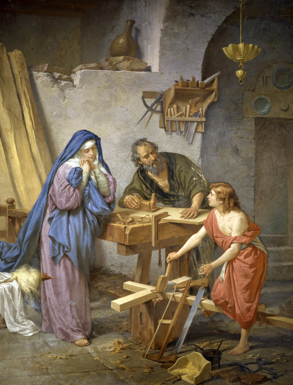 Józef, Maryja i Jezus w stolarni autorstwa Cesare Maccari