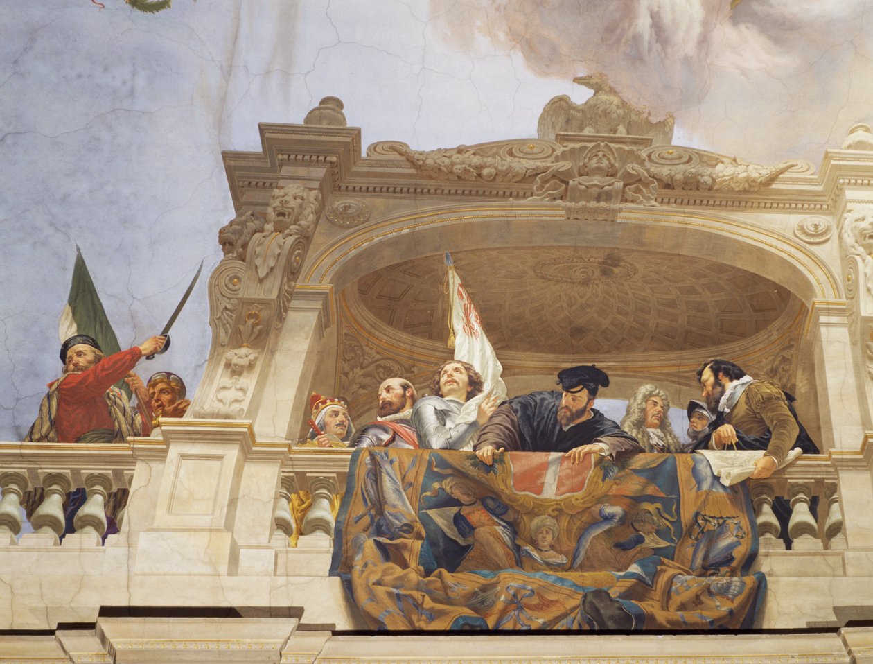 Fragment z Alegorii Włoch, fresk Cesare Mariani (1826-1901), sufit, Sala Większości, Pałac Finansów, Rzym. Włochy autorstwa Cesare Mariani