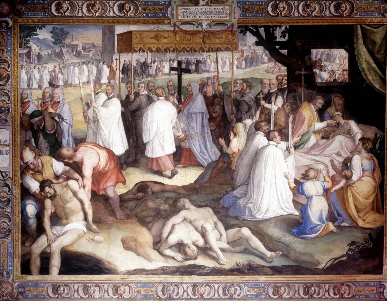 Plaga w Mediolanie: Św. Karol Boromeusz (1538 - 1584) gmina konająca. Fresk autorstwa Carlo Nebbia w Borromeo College w Pawii. 16 wiek autorstwa Cesare Nebbia