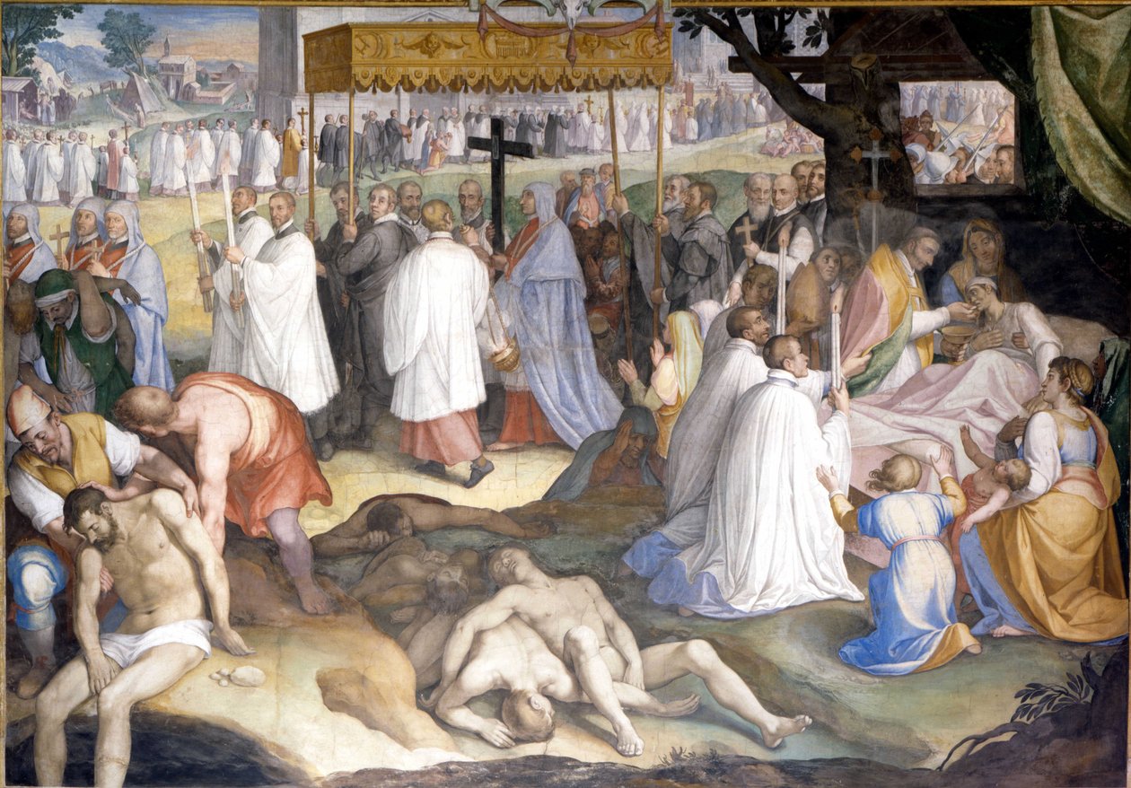 Św. Karol Boromeusz San Carlo Borromeo komunikował umierające zarazy podczas dżumy w latach 1575-1577 w mediolańskim lazarecie. Fresk autorstwa Charlesa Nebbii w Borromeo College w Pawii (Mediolan). autorstwa Cesare Nebbia