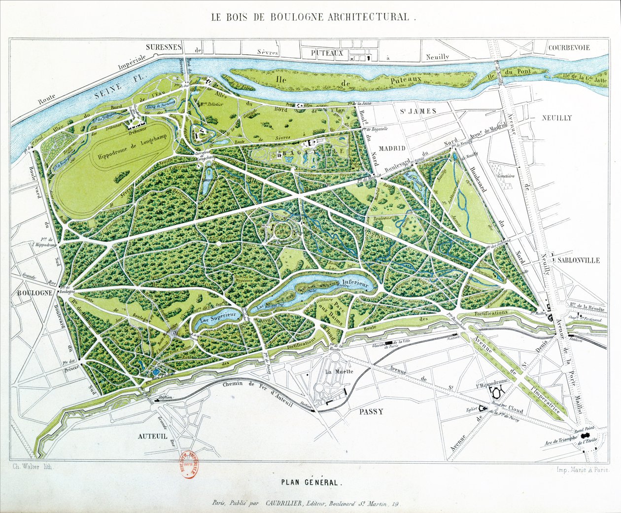 Plan Lasku Bulońskiego w Paryżu, opublikowany przez Caudriliera, 1860 autorstwa Ch. Walter