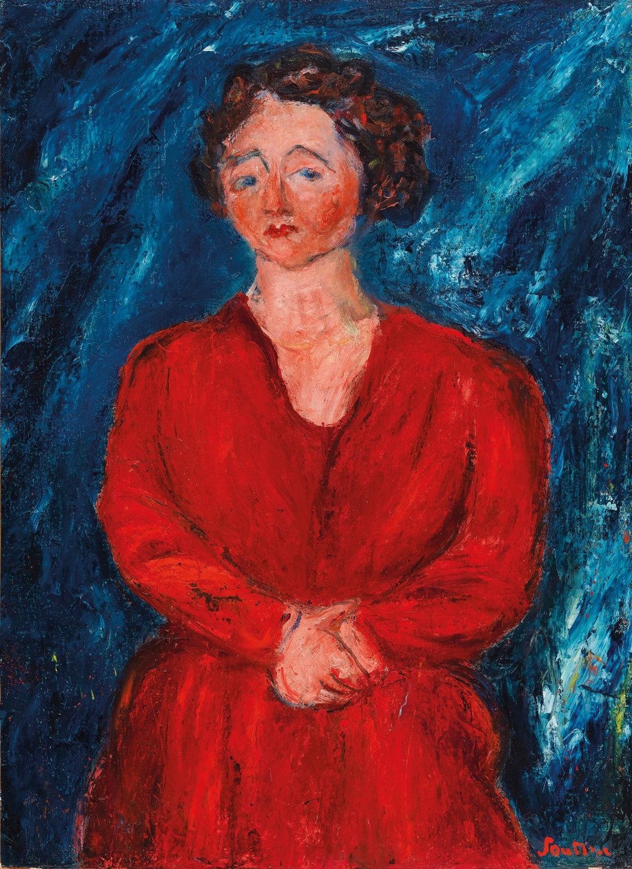 Kobieta w czerwieni na niebieskim tle, ok. 1928. autorstwa Chaim Soutine