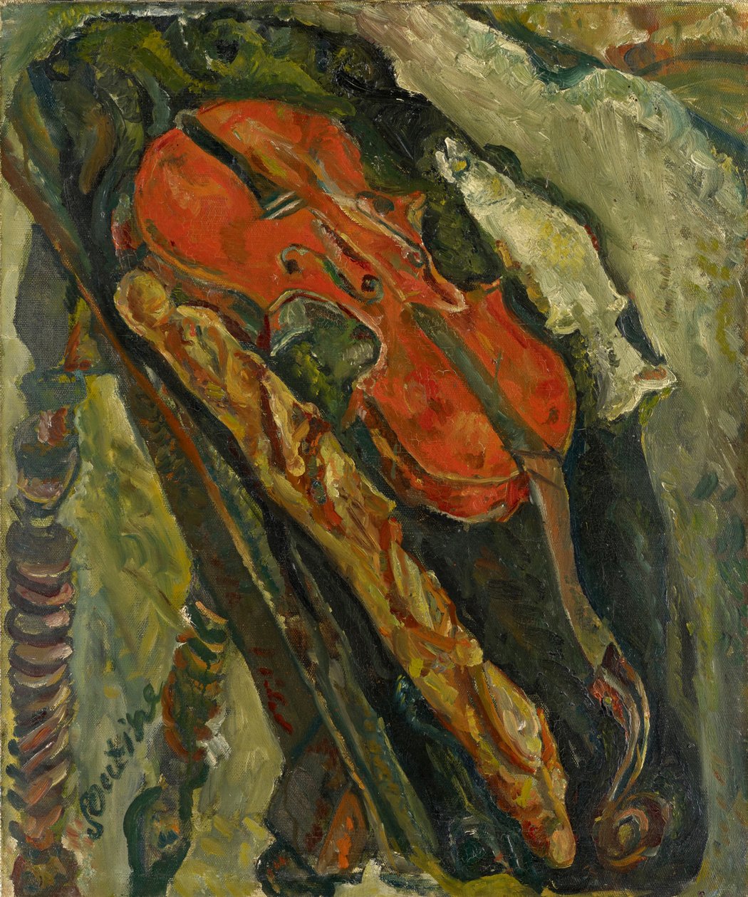 Nature morte au violon, pain et poisson Martwa natura ze skrzypcami, chlebem i rybą, ok. godz. 1922. autorstwa Chaim Soutine