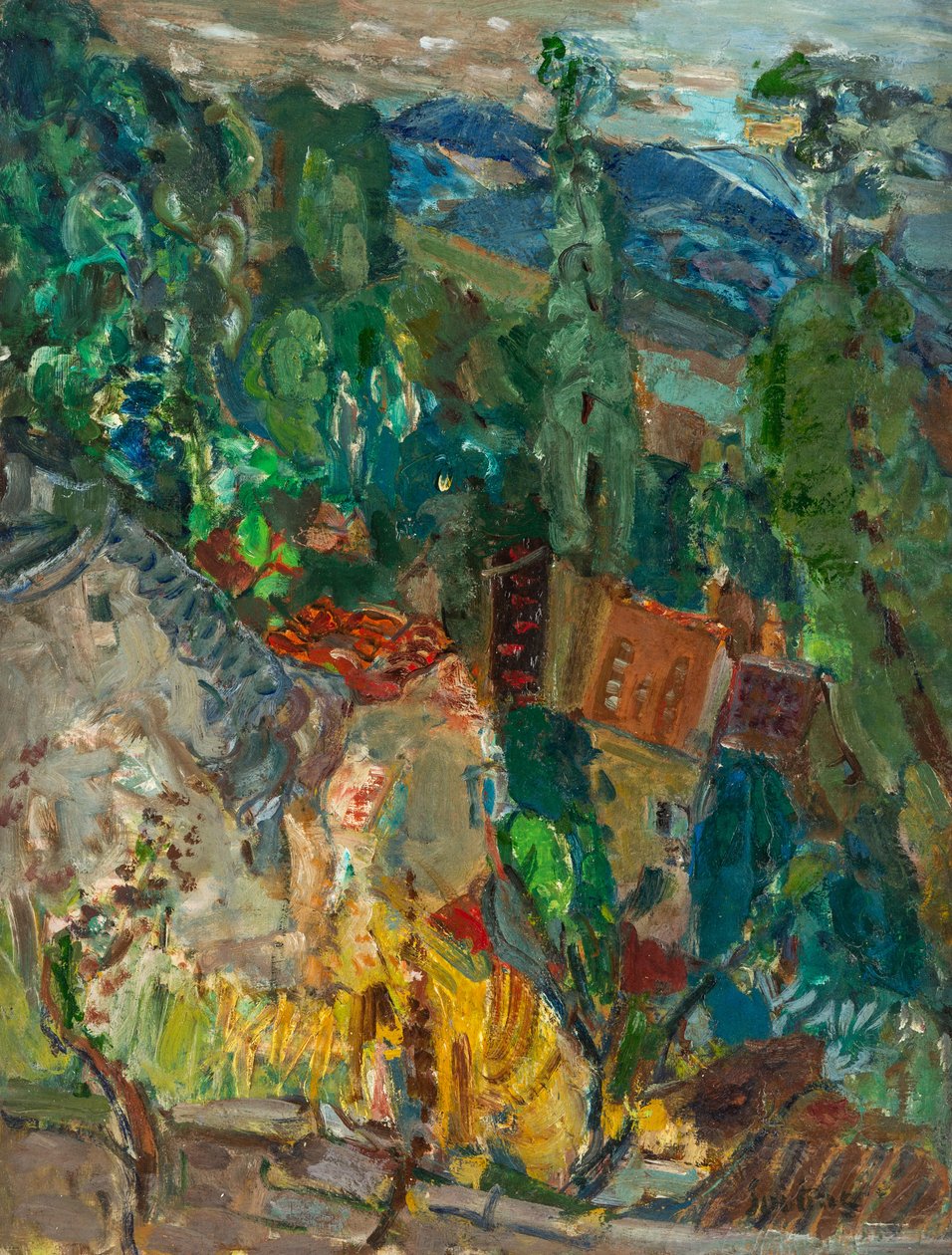 Pejzaż miejski z cyprysami, południowa Francja, lata 20.-1930. autorstwa Chaim Soutine