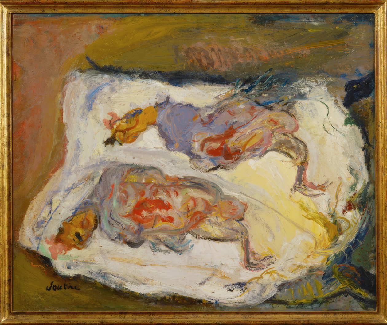Dwa kurczaki na białym obrusie autorstwa Chaim Soutine