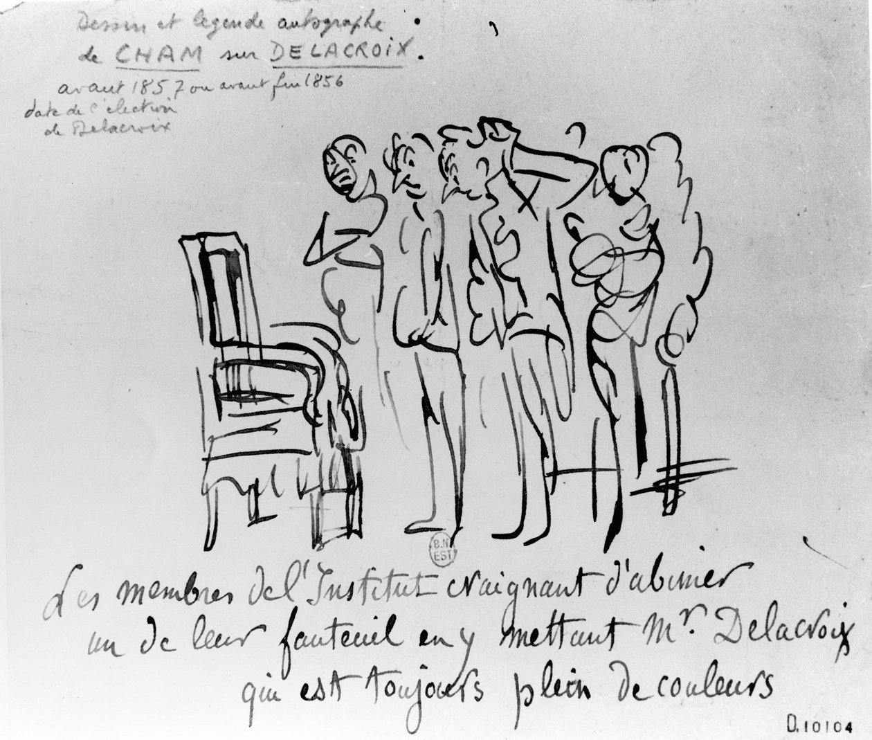 Niechęć członków Institut de France do montowania Delacroix na jednym ze swoich krzeseł z obawy, że jego zamiłowanie do kolorów poplami siedzenie, 1856-7 (pióro, pędzel i atrament na papierze) autorstwa Cham