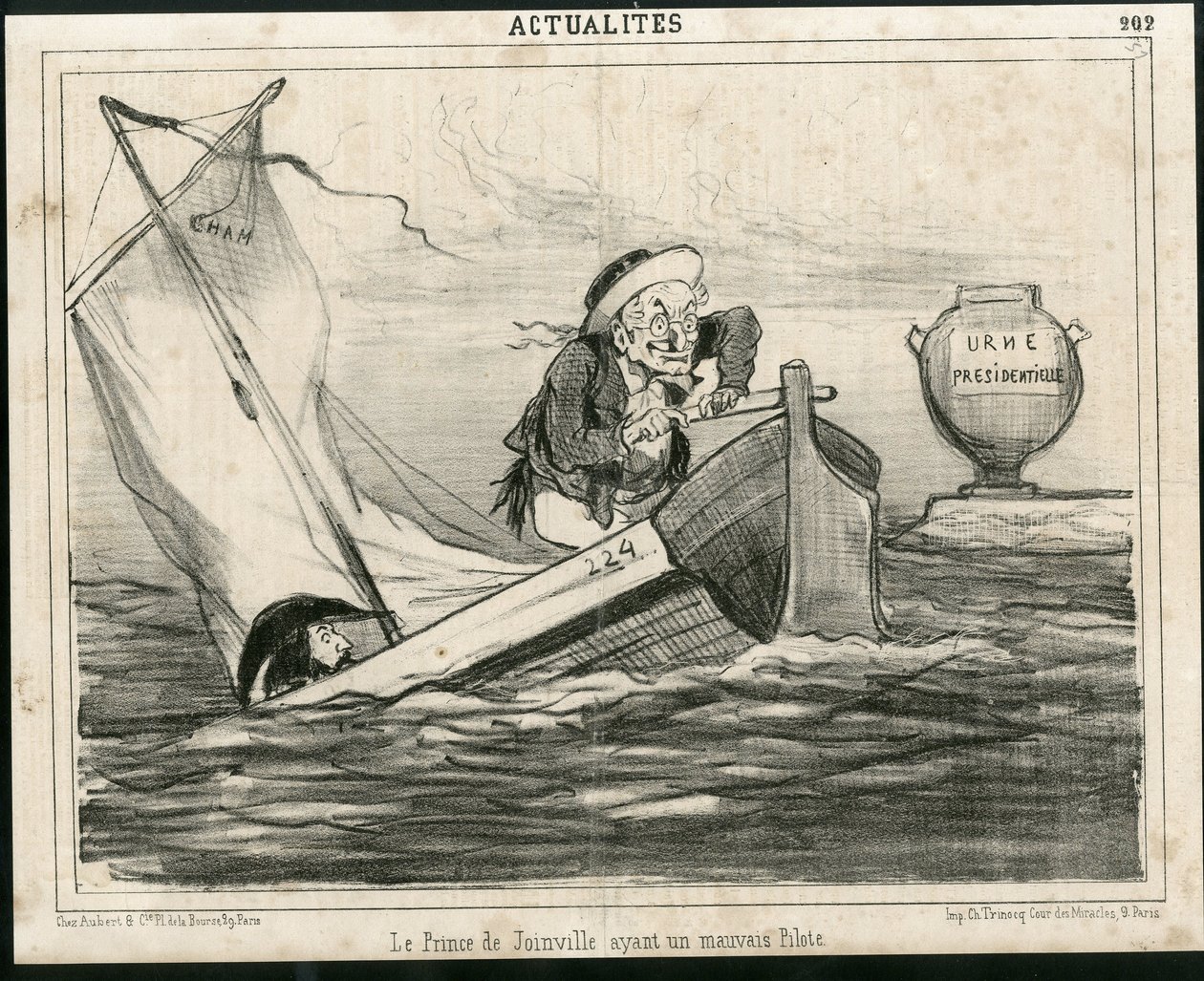Ilustracja przedstawiająca Chama (1819-1879) w Le Charivari, ok. 1850 - Książę Joinville mający złego pilota - Wybory, Prezydent Republiki, Morska Marynarka Nautique Balneaire - Thiers Adolphe, Francois d