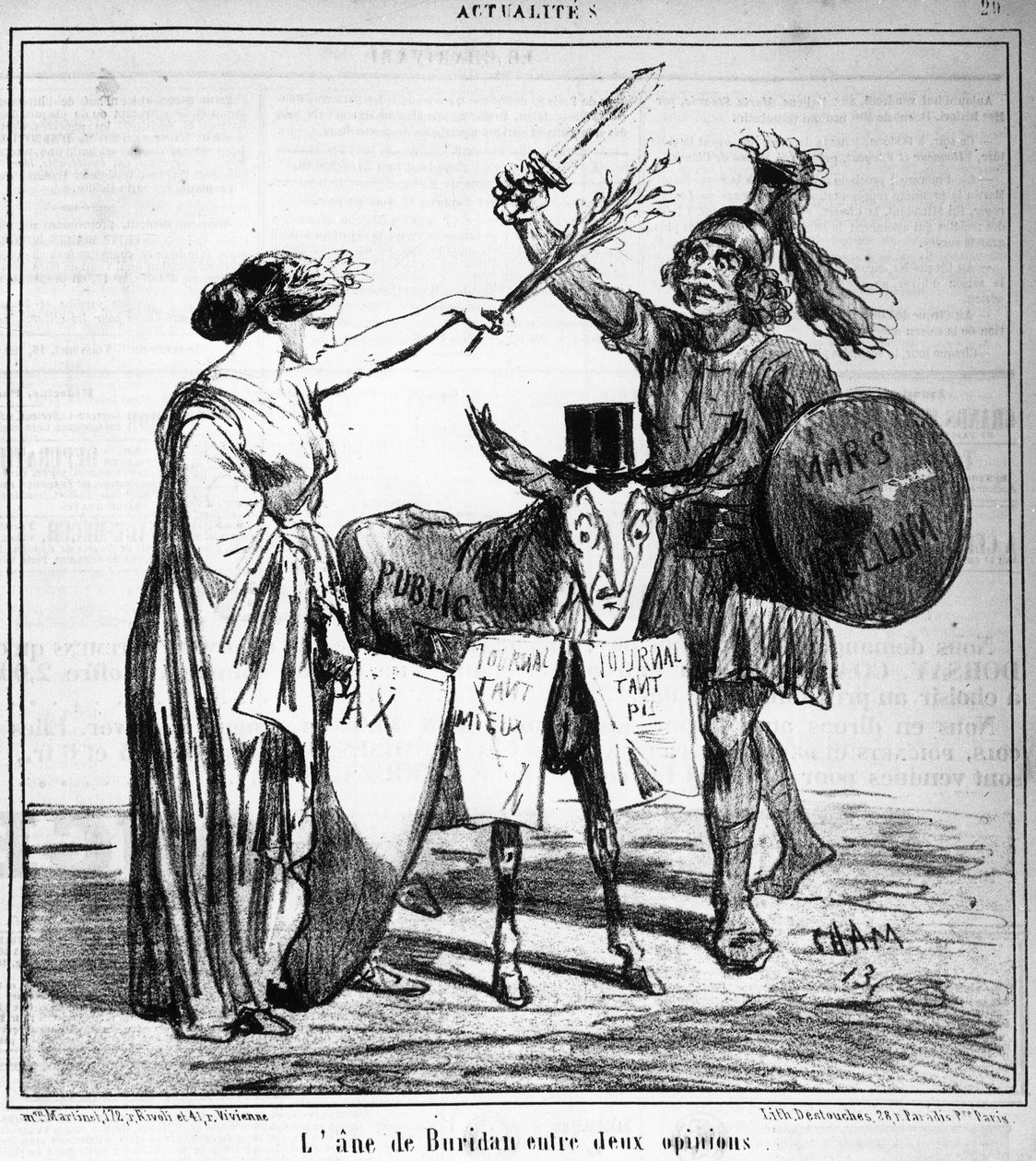 Osioł Buridana między dwiema opiniami - autorstwa Chama, w „”Charivari”” z 29.04.1859. autorstwa Amédée de Noé