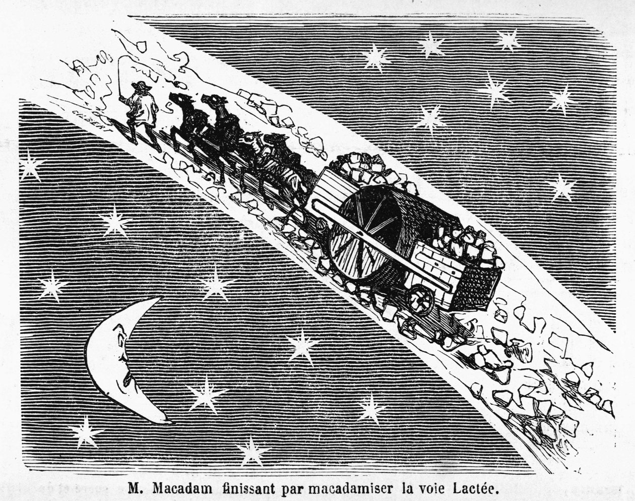 Karykatura na kamiennym pokryciu ulic, MacAdam, szkocki inżynier (1756-1838): „”M. Macadam zakończony makadamem Drogi Mlecznej”” – w „Albumie Charivarique””, il. de Cham autorstwa Amédée de Noé