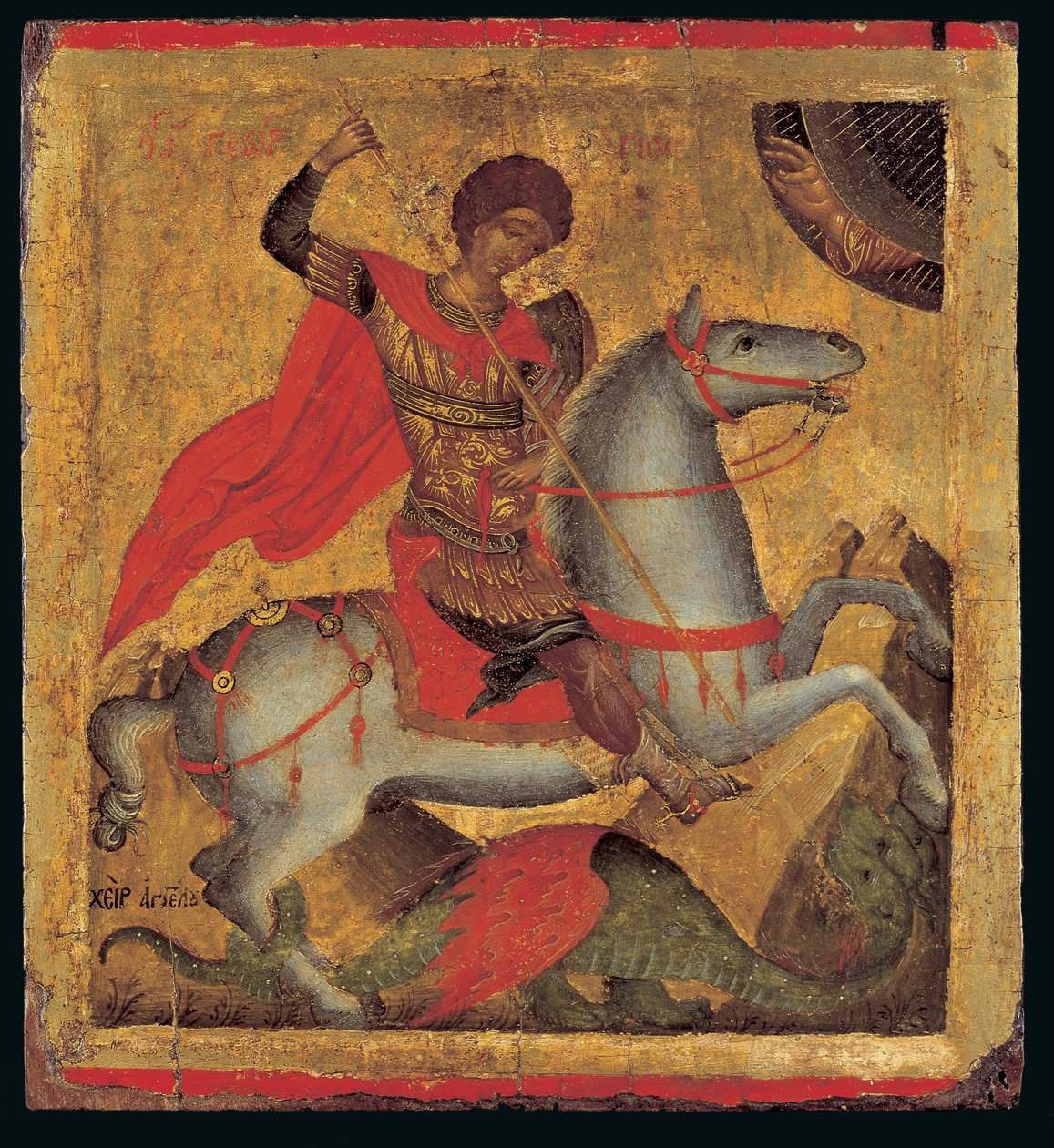 Ikona św. Jerzego na koniu, Zabijanie smoka (tempera jajeczna na drewnie) autorstwa Chanter Angelos Akotandos