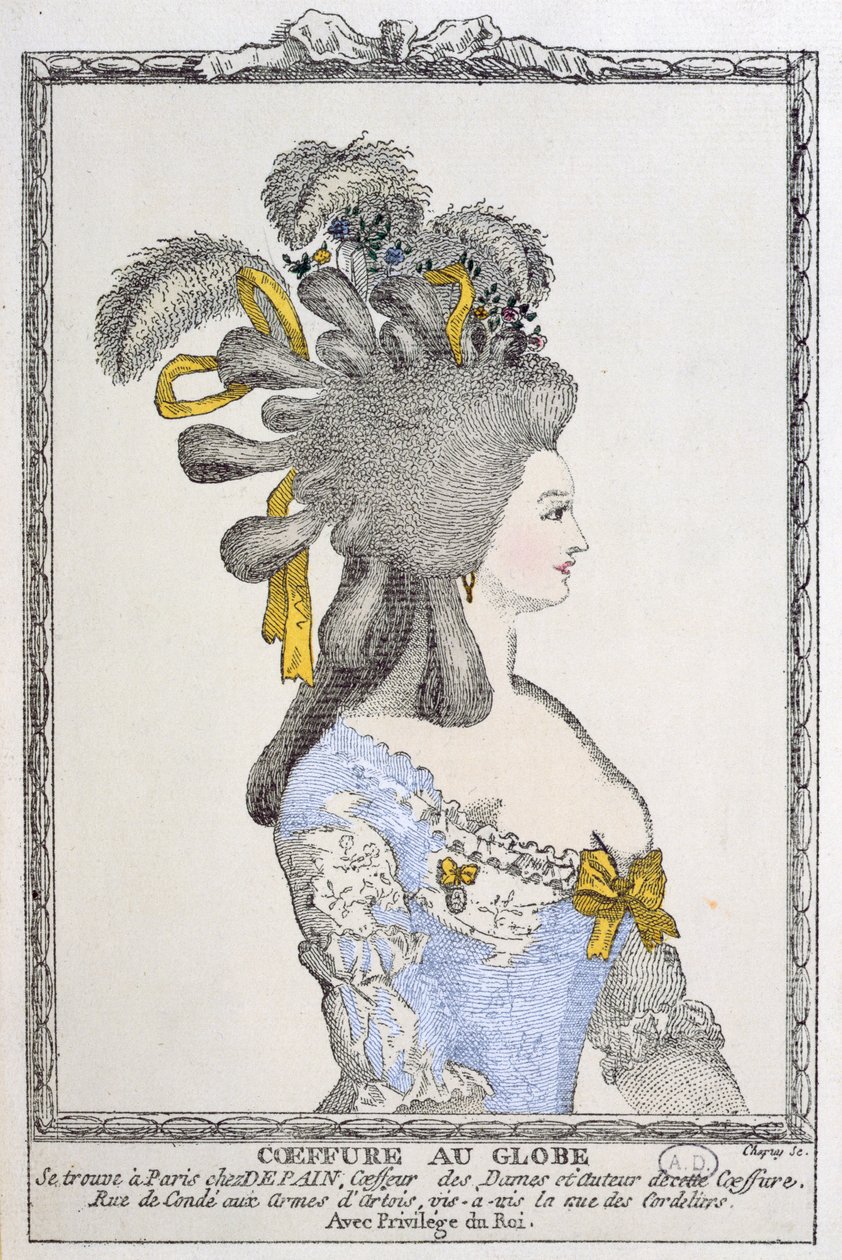 Coiffure au Globe, ok.1780 (kolorowe grawerowanie) autorstwa Chapuy