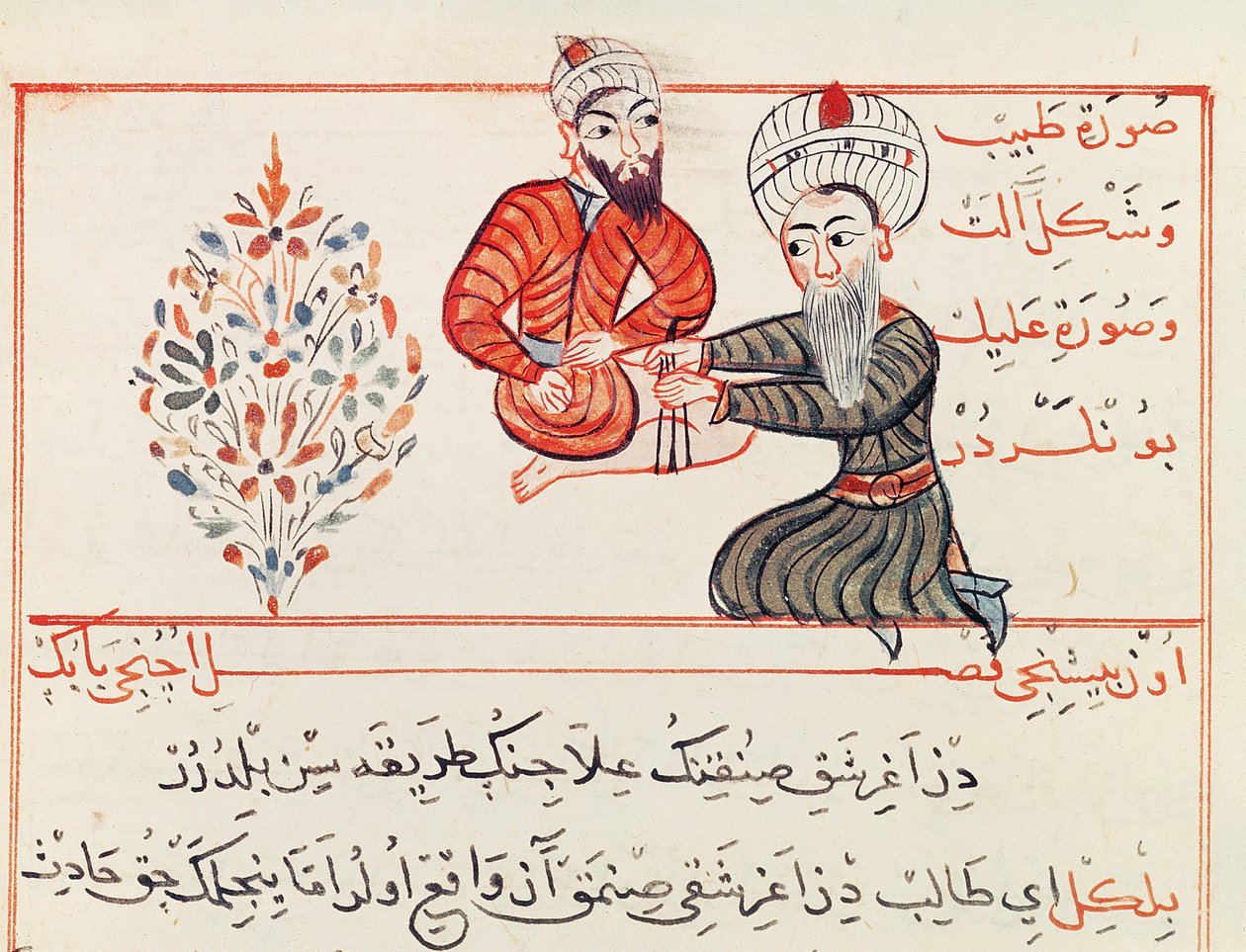 Pani Sup Turc 693 fol. 188 Redukcja lub ustawienie złamania kości udowej, 1466 autorstwa Charaf ed Din