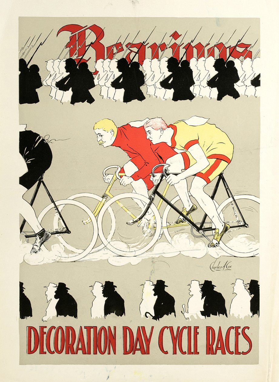 Łożyska, wyścigi rowerowe w dzień dekoracji. Plakat, ok. 1890 (plakat drukowany) autorstwa Charles A. Cox