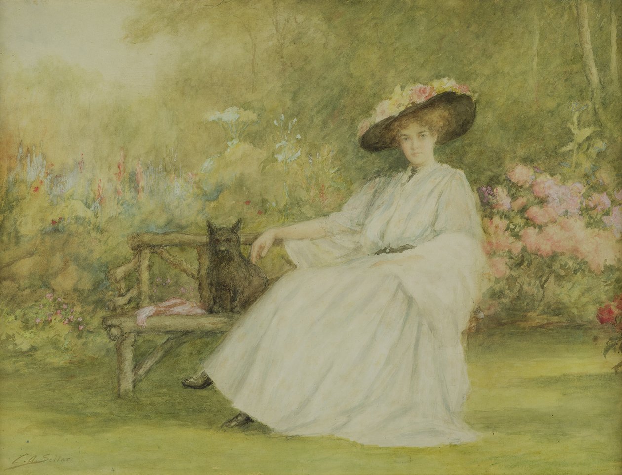 Lady and her Dog at Corsham Court, ok. 1914 (ołówek, toaleta i gwasz na papierze) autorstwa Charles A. Sellar